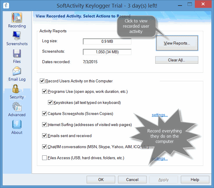 SoftActivity Keylogger configuration. Spy options page